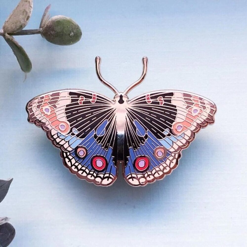 Blue‎ Pansy Butterfly Enamel Pin - Gold Plated Nature Jewelry - Garden Brooch